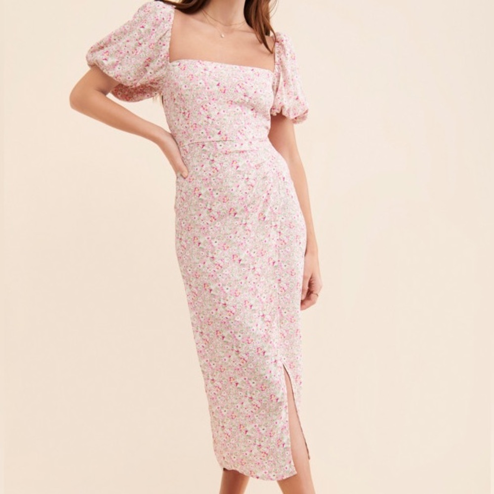 Astr Floral Puff Sleeves Ruched Slit Midi Dress Size M NWT - Picture 12 of 12